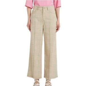 MARELLA Pirenei Tan Plaid Fringed Hem Trouser Pants Wide Leg Women's US 10